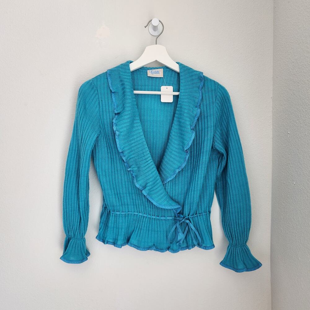 Vintage 70s Blue Teal Knit Ruffle Wrap Cardigan Tie Waist Top S Kentelle - Picture 11 of 16